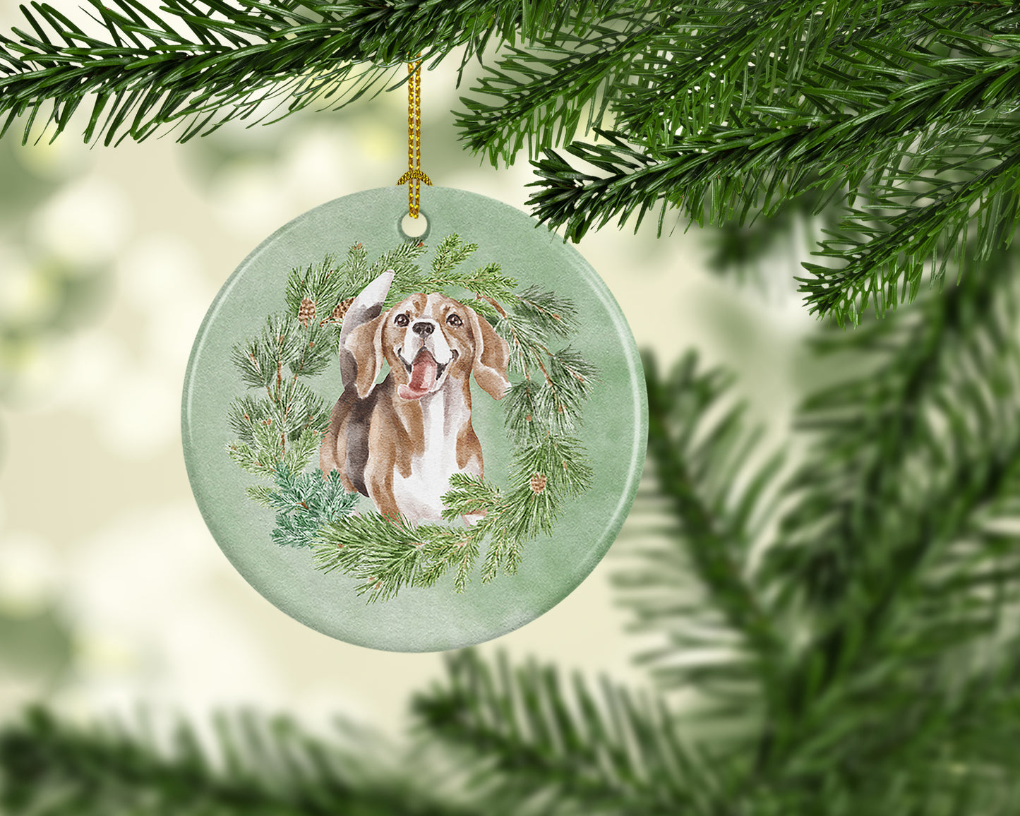 Beagle Smiling Christmas Wreath Ceramic Ornament