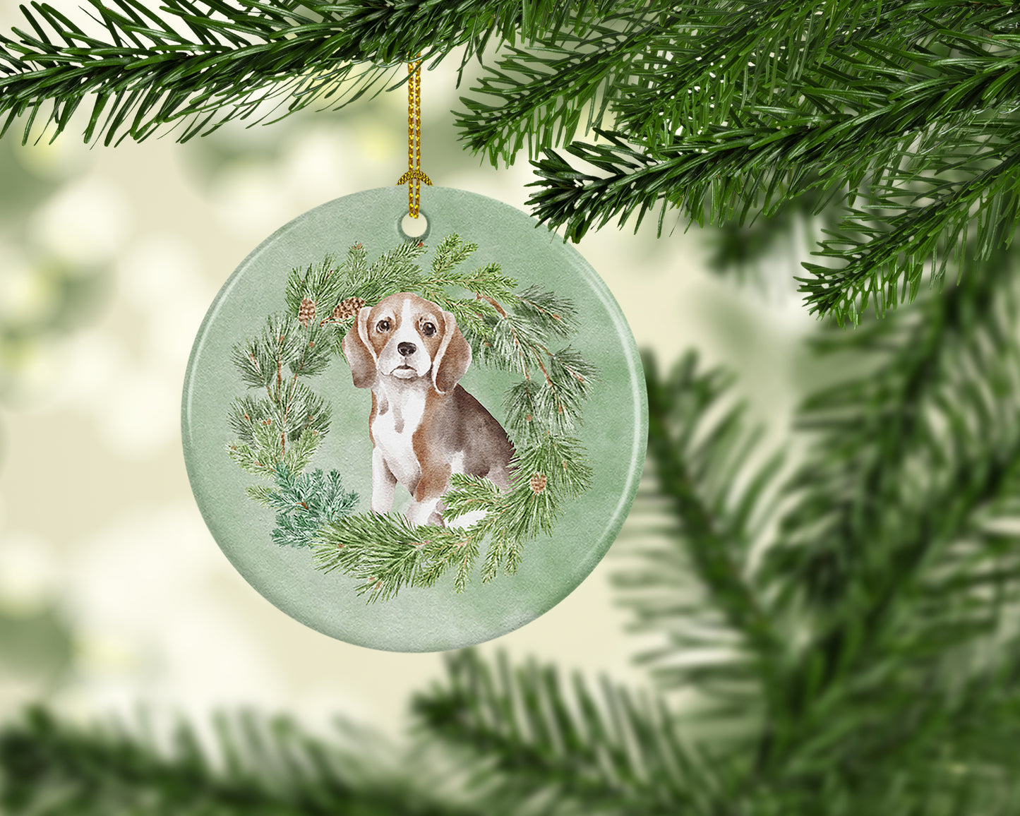 Beagle Puppy Christmas Wreath Ceramic Ornament