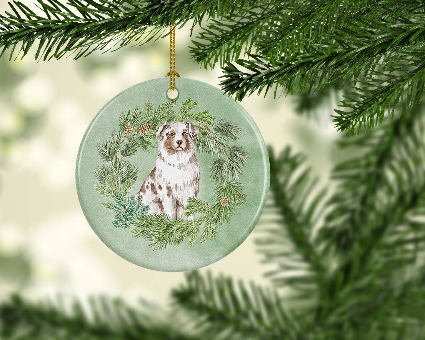 Australian Shepherd Red Merle Christmas Wreath Ceramic Ornament