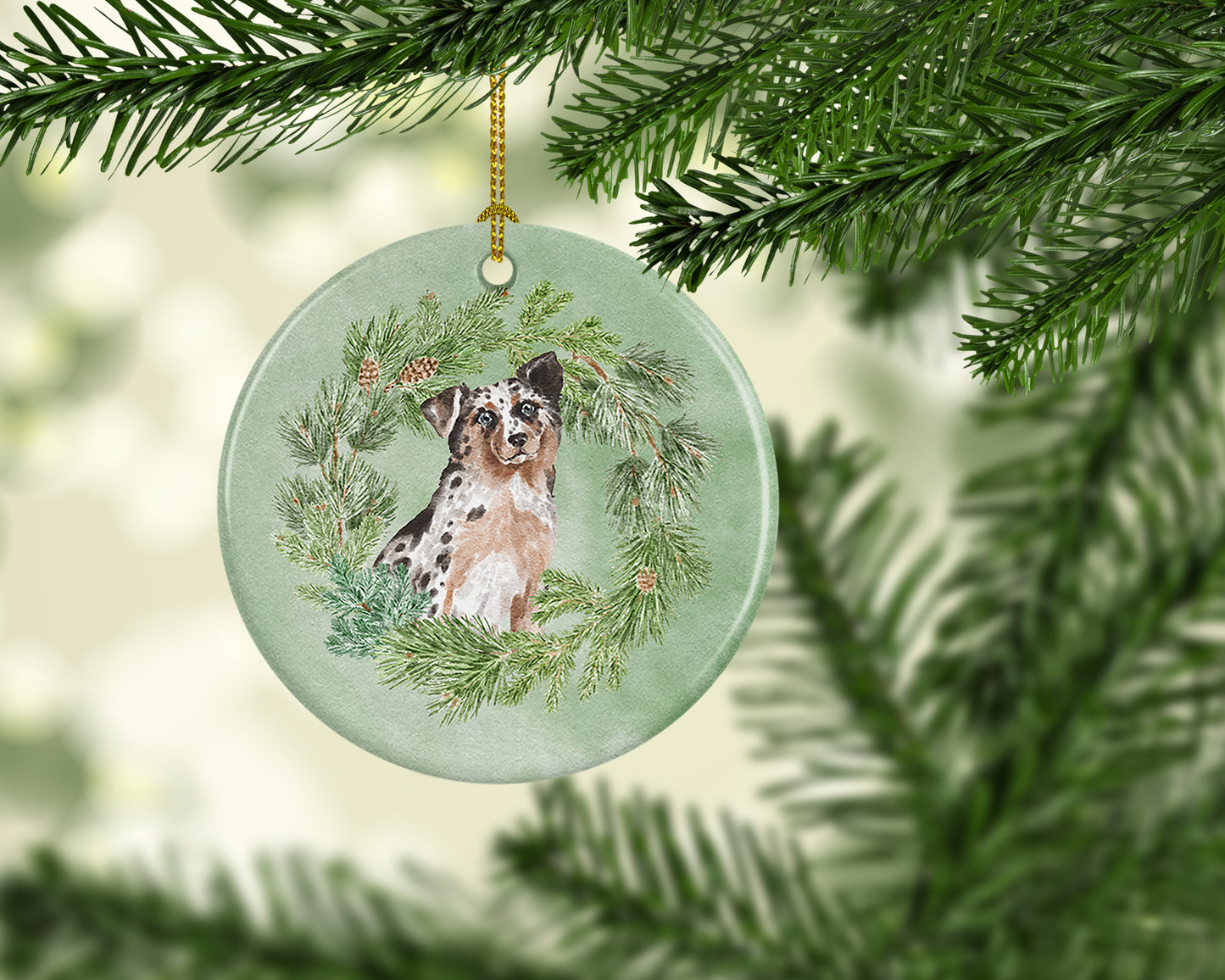 Australian Shepherd Blue Merle Shorthaired Christmas Wreath Ceramic Ornament