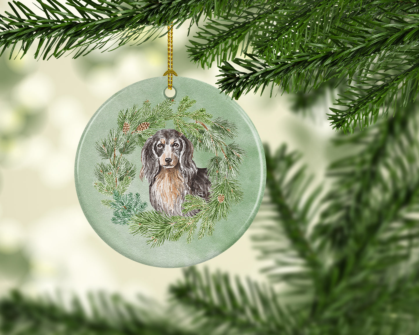 Dachshund Black and Tan Longhaired  Christmas Wreath Ceramic Ornament