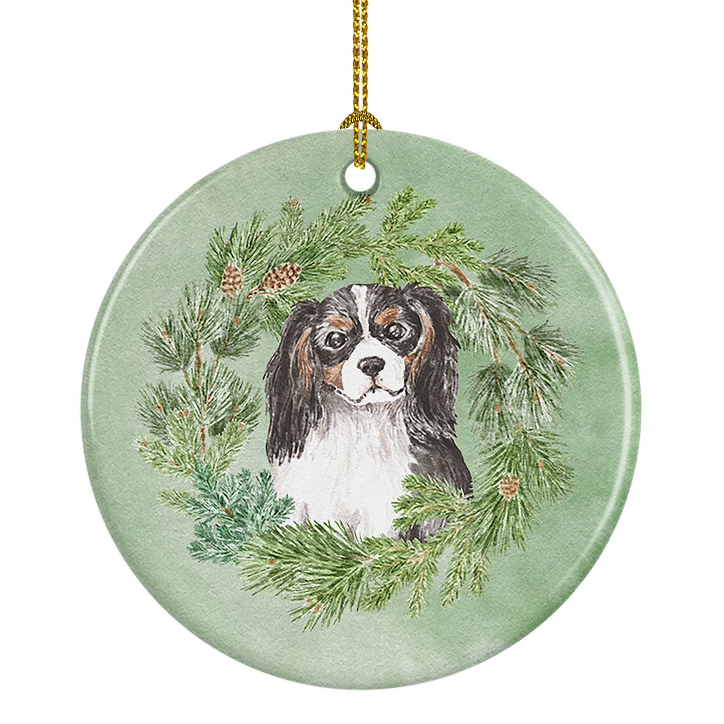 Buy this Cavalier Spaniel Tricolor Head Tilt Christmas Wreath Ceramic Ornament