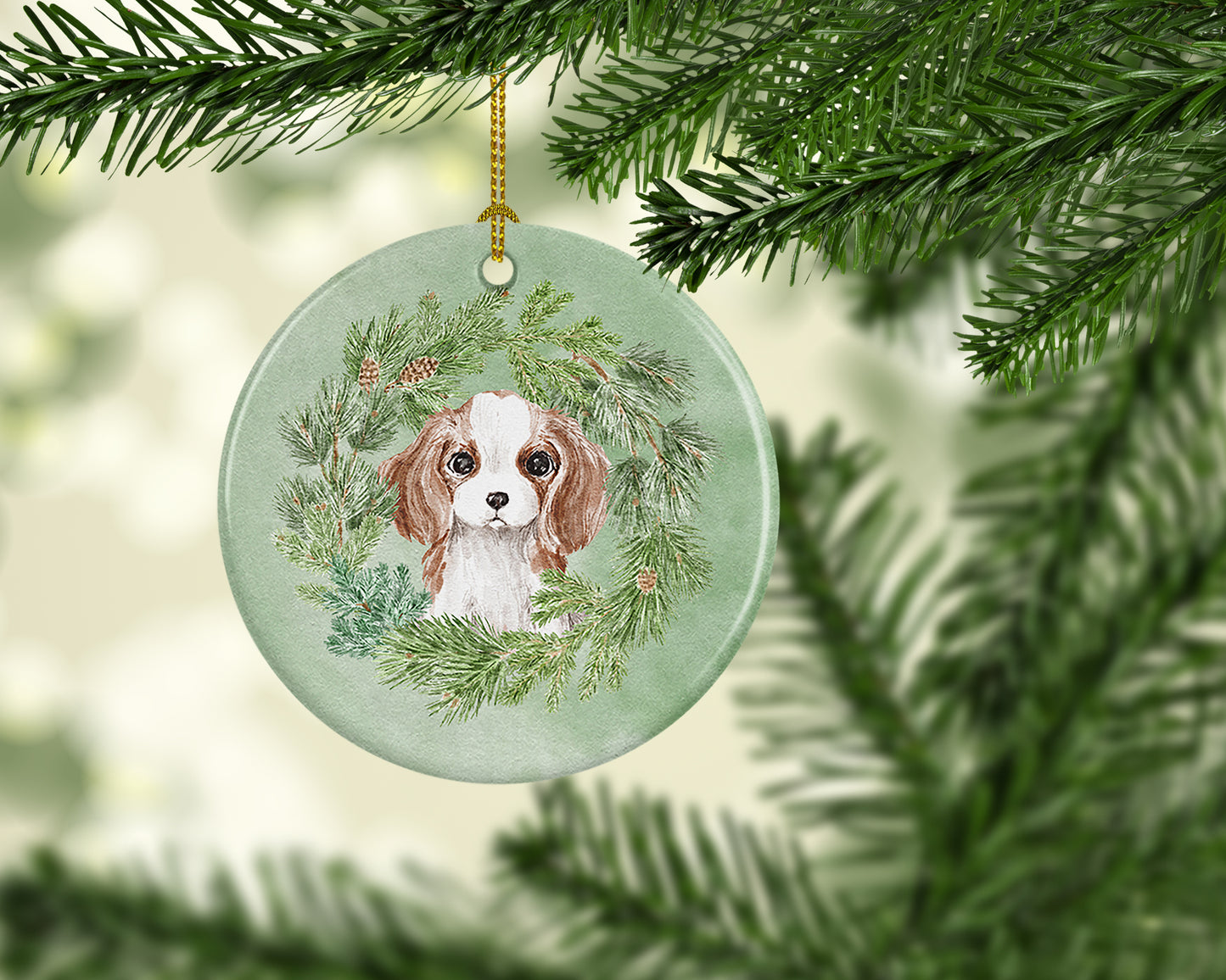 Cavalier Spaniel Puppy Blenheim Christmas Wreath Ceramic Ornament