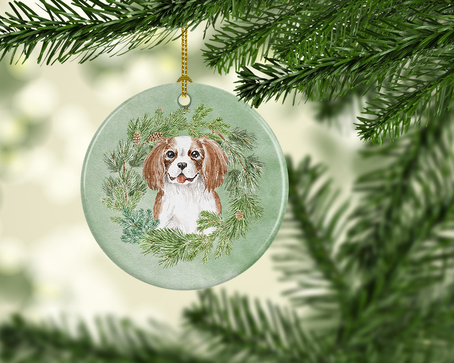 Cavalier Spaniel Blenheim Puppy Smiling Christmas Wreath Ceramic Ornament