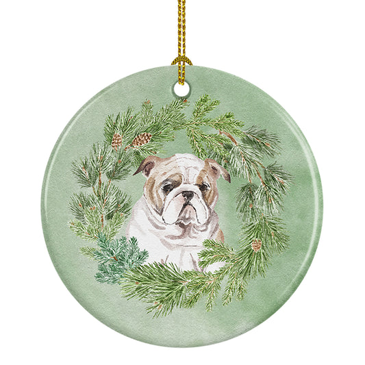 Buy this Bulldog Puppy Fawn Christmas Wreath Ceramic Ornament