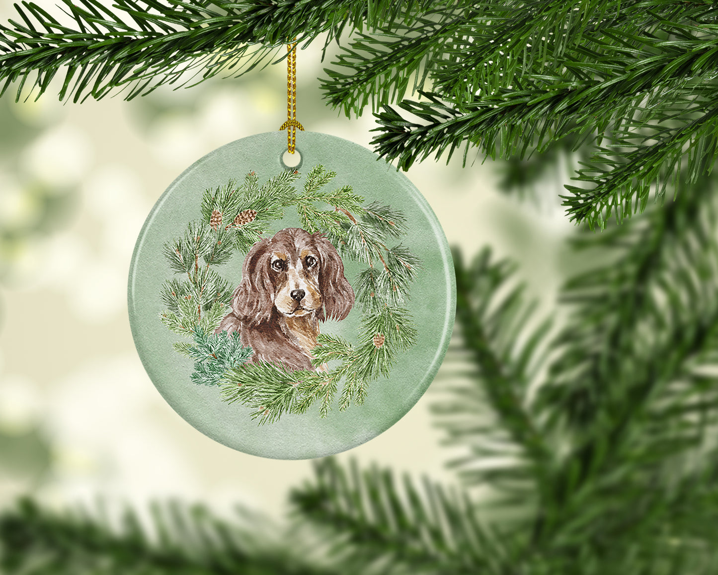 Cocker Spaniel Liver and Tan Christmas Wreath Ceramic Ornament