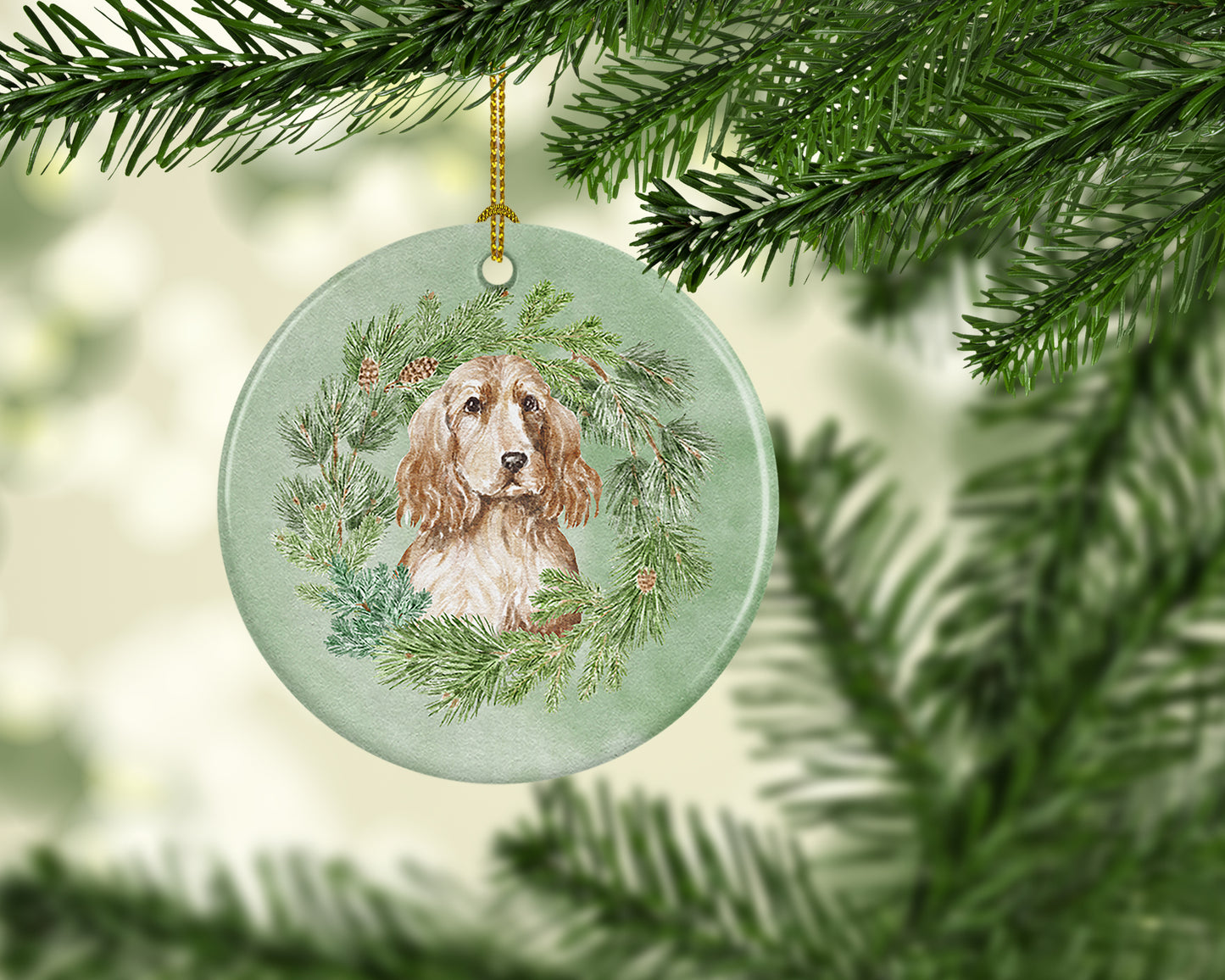 Cocker Spaniel Golden Christmas Wreath Ceramic Ornament