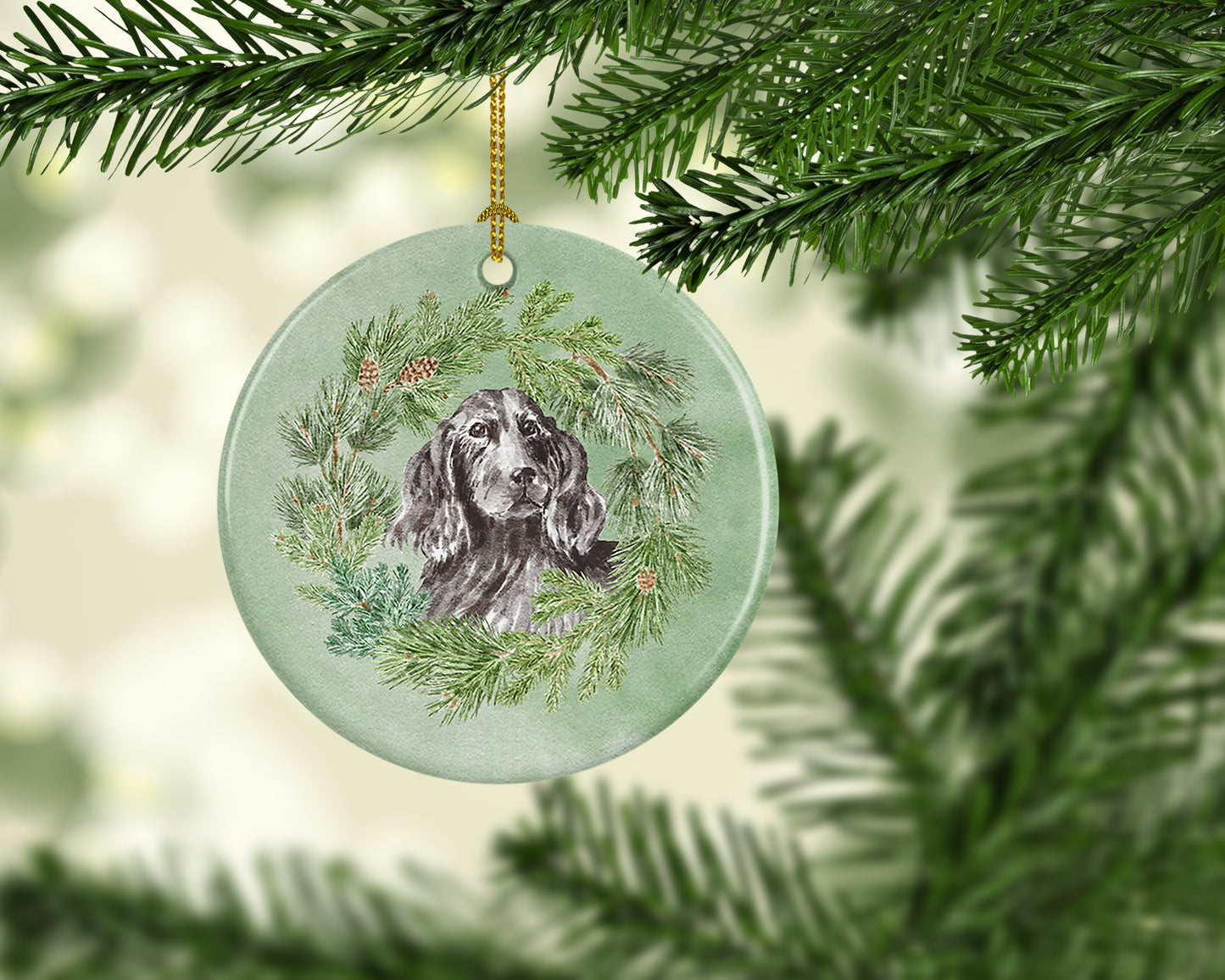 Cocker Spaniel Black Christmas Wreath Ceramic Ornament