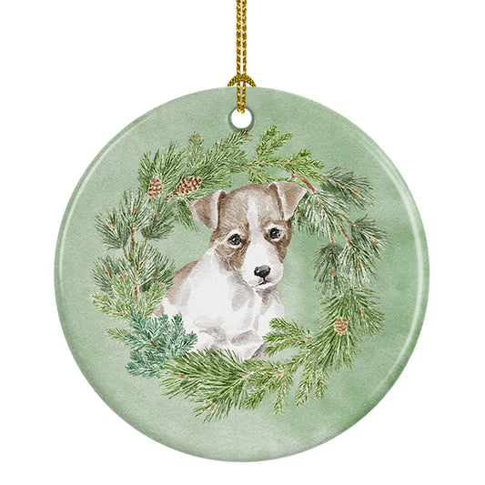 Buy this Jack Russell Terrier Puppy Chestnut and White Christmas Wreath Ceramic Ornament