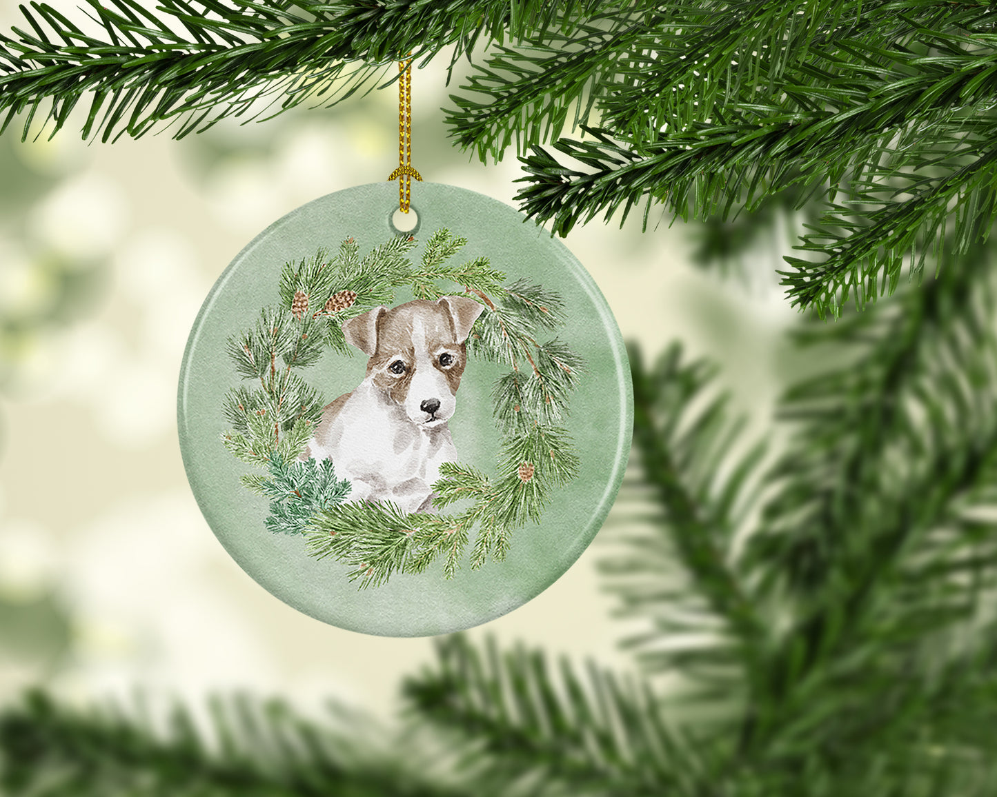 Jack Russell Terrier Puppy Chestnut and White Christmas Wreath Ceramic Ornament