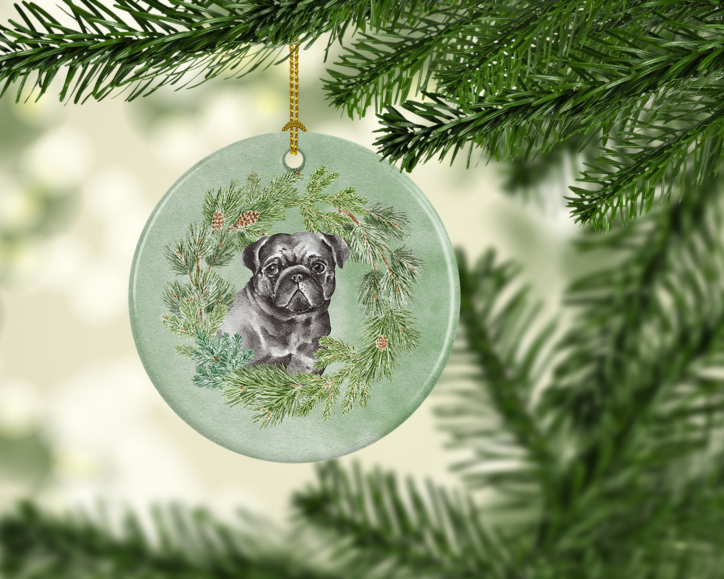 Pug Black Christmas Wreath Ceramic Ornament