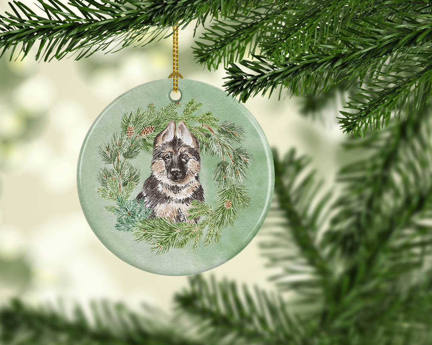 German Shepherd Puppy Christmas Wreath Ceramic Ornament