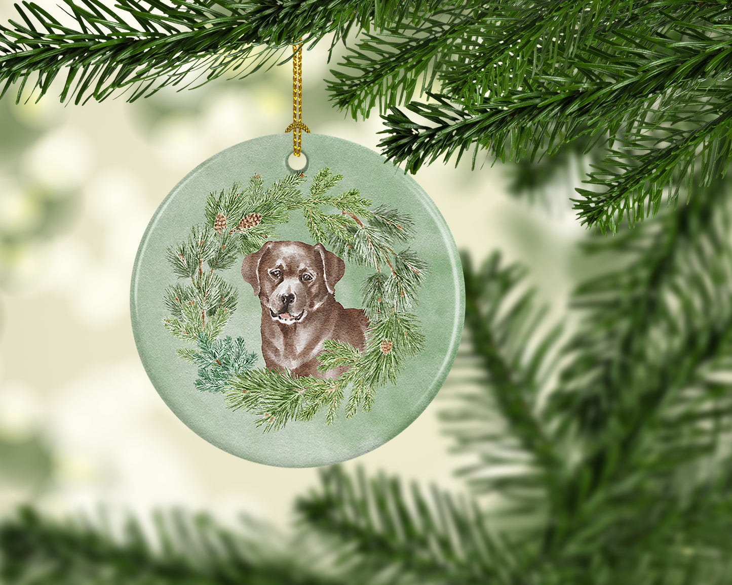 Labrador Retriever Chocolate Christmas Wreath Ceramic Ornament