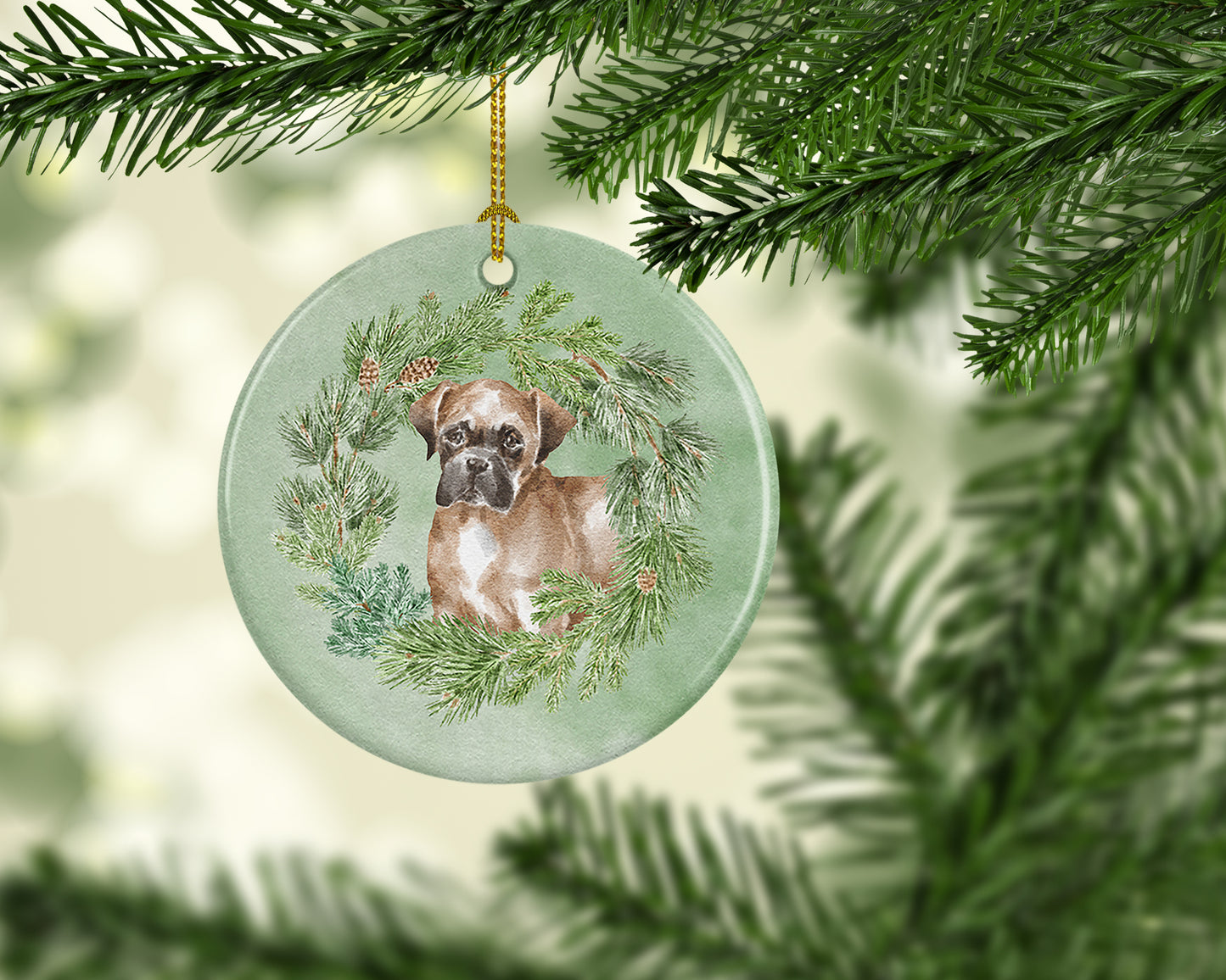 Boxer Puppy Fawn Christmas Wreath Ceramic Ornament