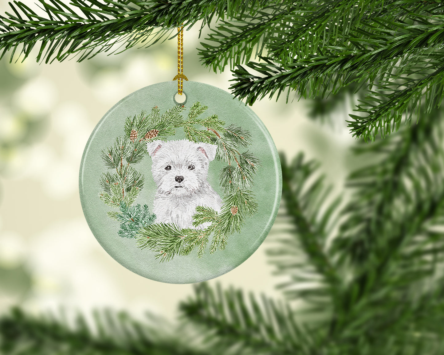 West Highland White Terrier Puppy Christmas Wreath Ceramic Ornament