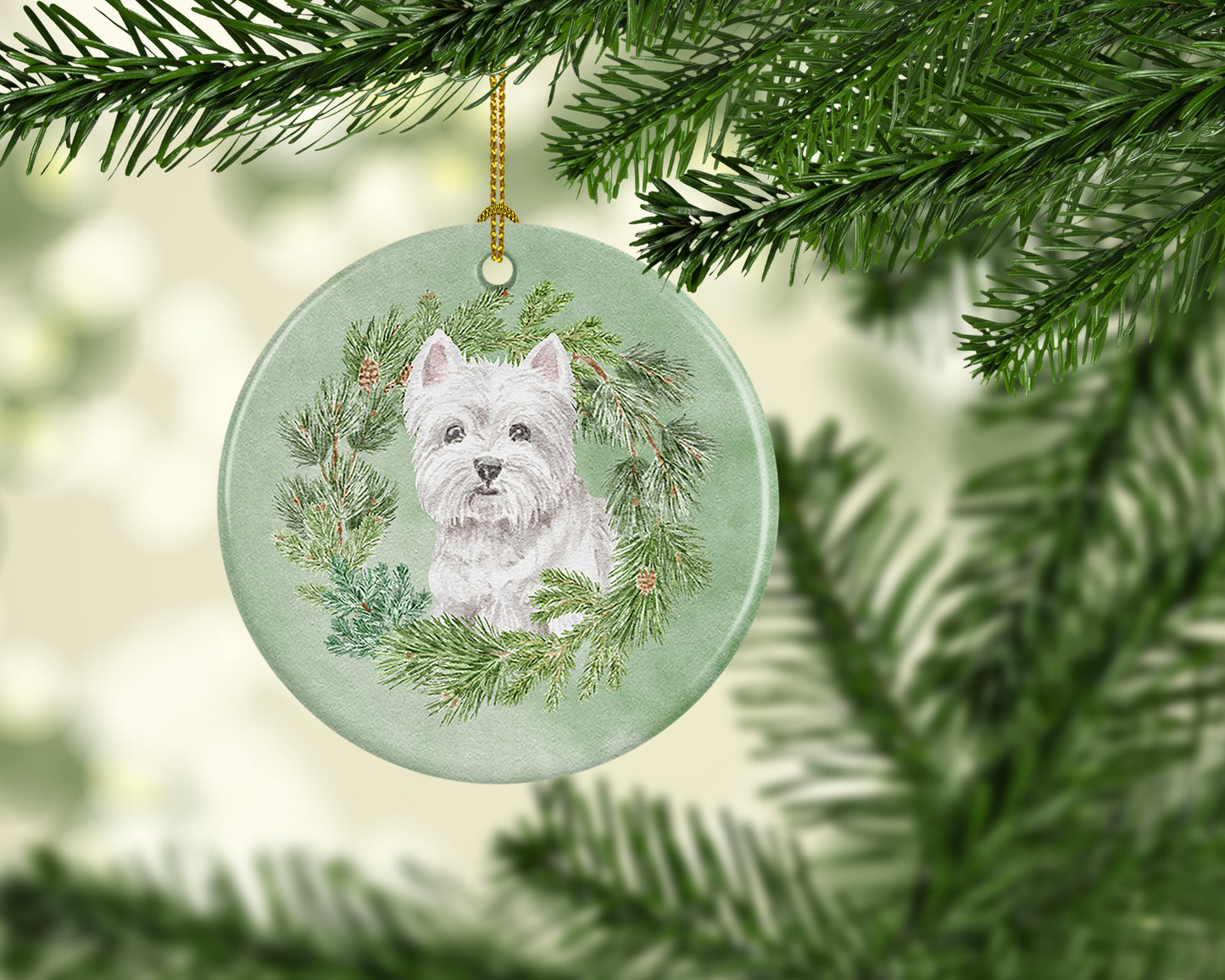West Highland White Terrier Sitting Pretty Christmas Wreath Ceramic Ornament