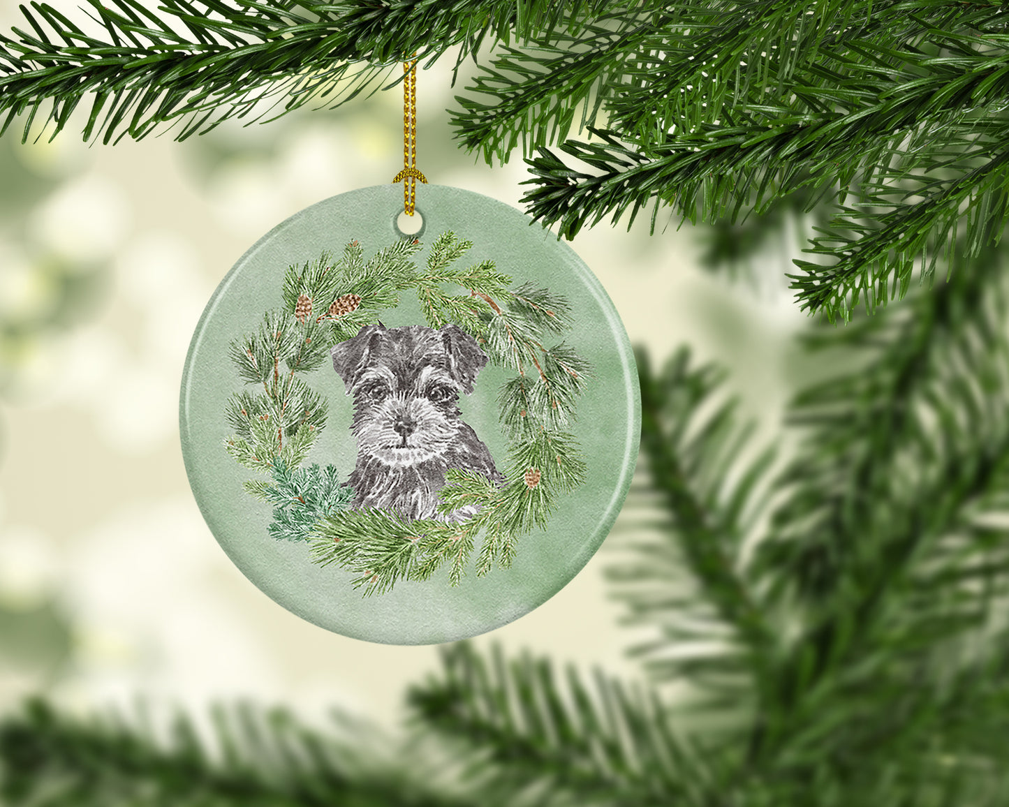 Schnauzer Puppy Black and Silver Christmas Wreath Ceramic Ornament
