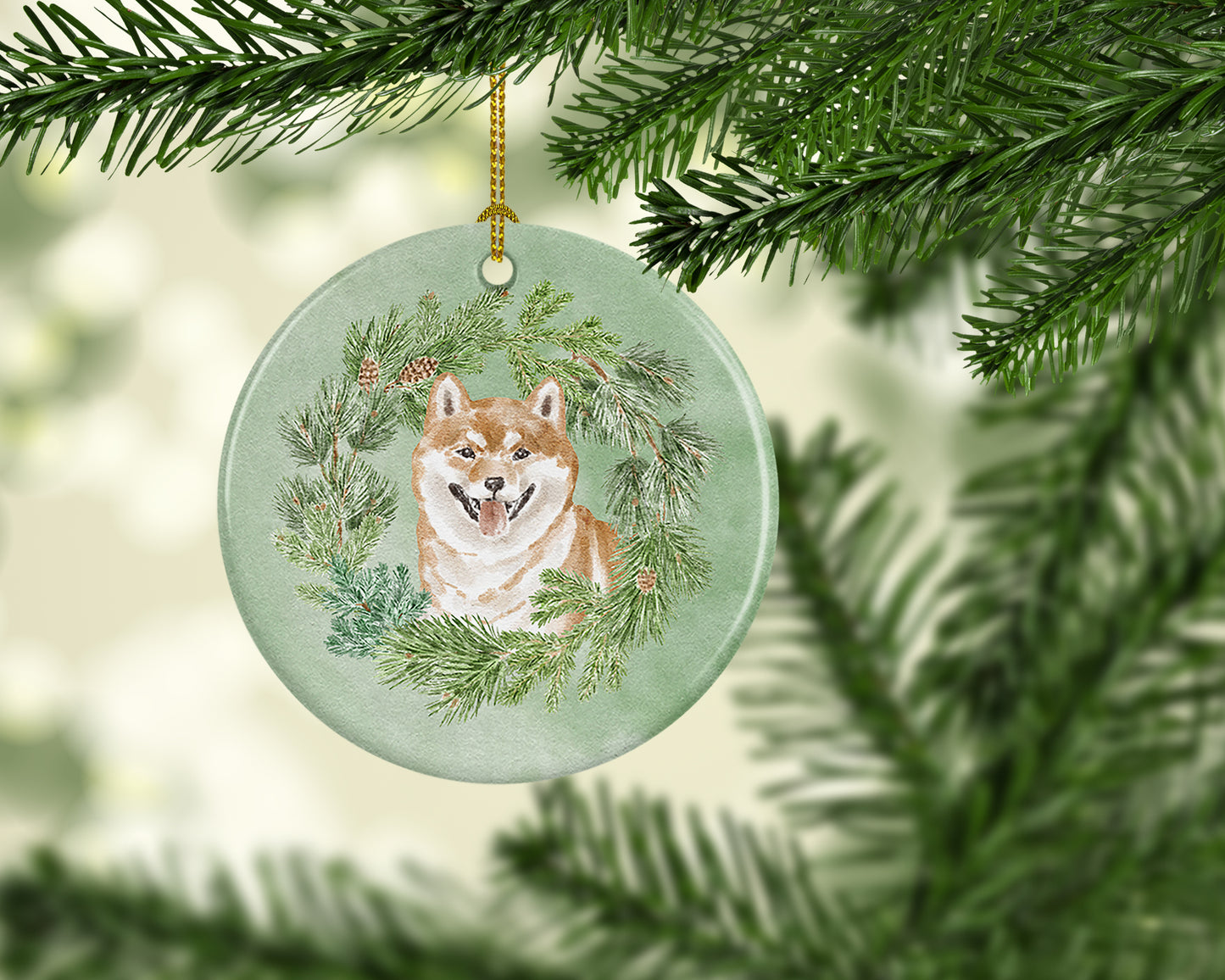 Shiba Inu Smiling Christmas Wreath Ceramic Ornament