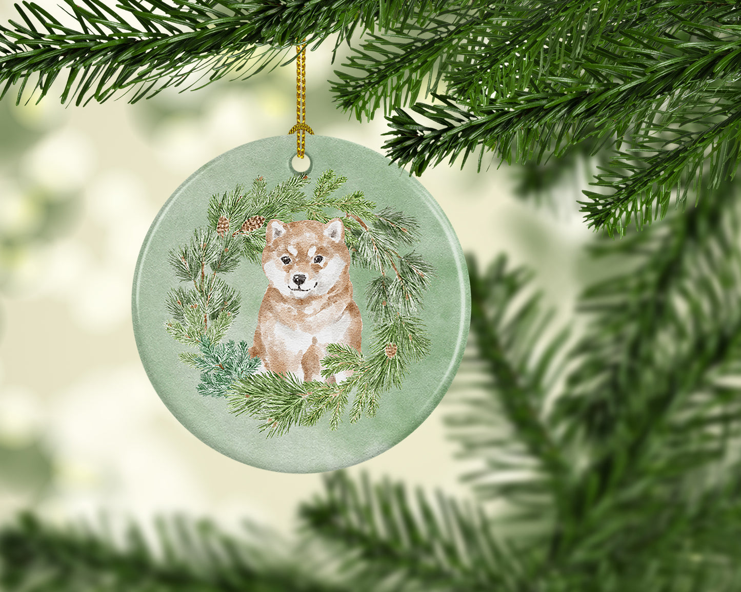 Shiba Inu Puppy Sitting Pretty Christmas Wreath Ceramic Ornament