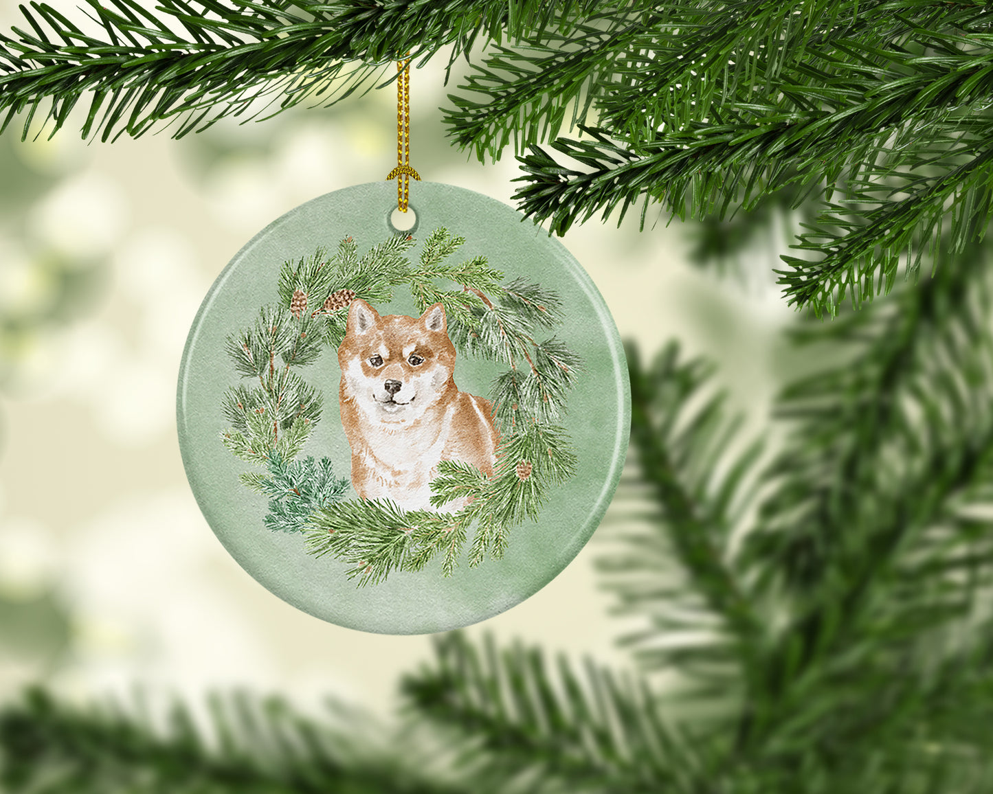 Shiba Inu Sitting Pretty Christmas Wreath Ceramic Ornament