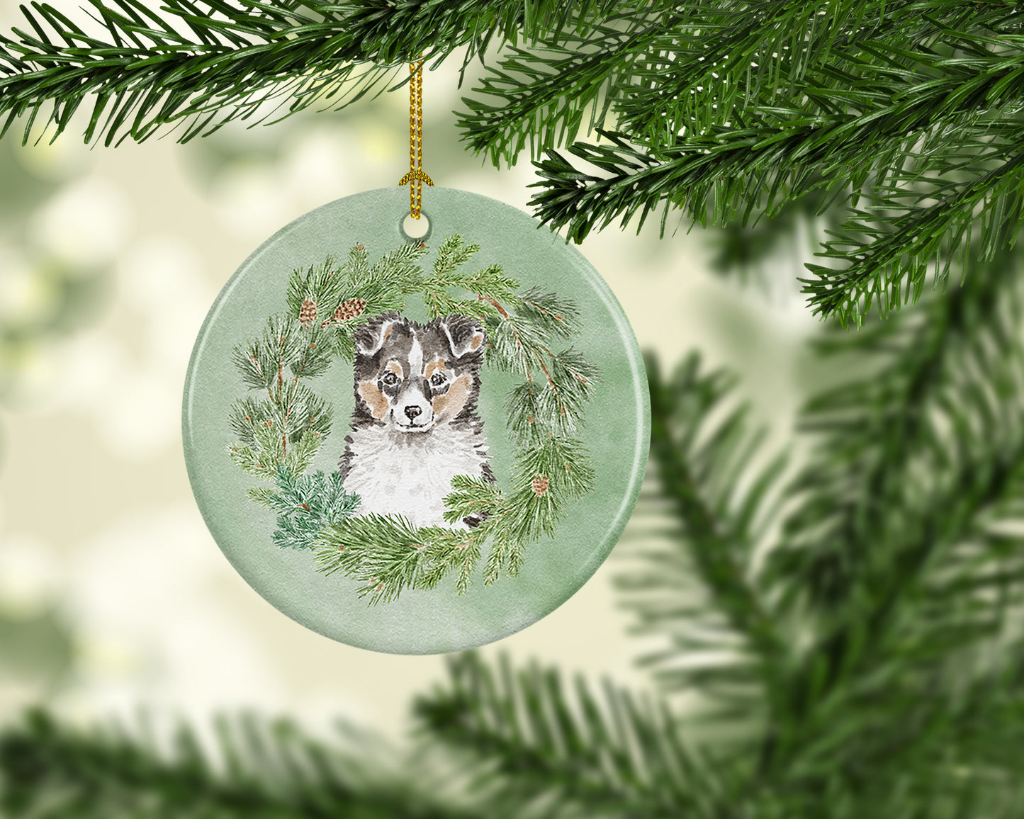 Sheltie/Shetland Sheepdog Puppy Tricolor  Christmas Wreath Ceramic Ornament