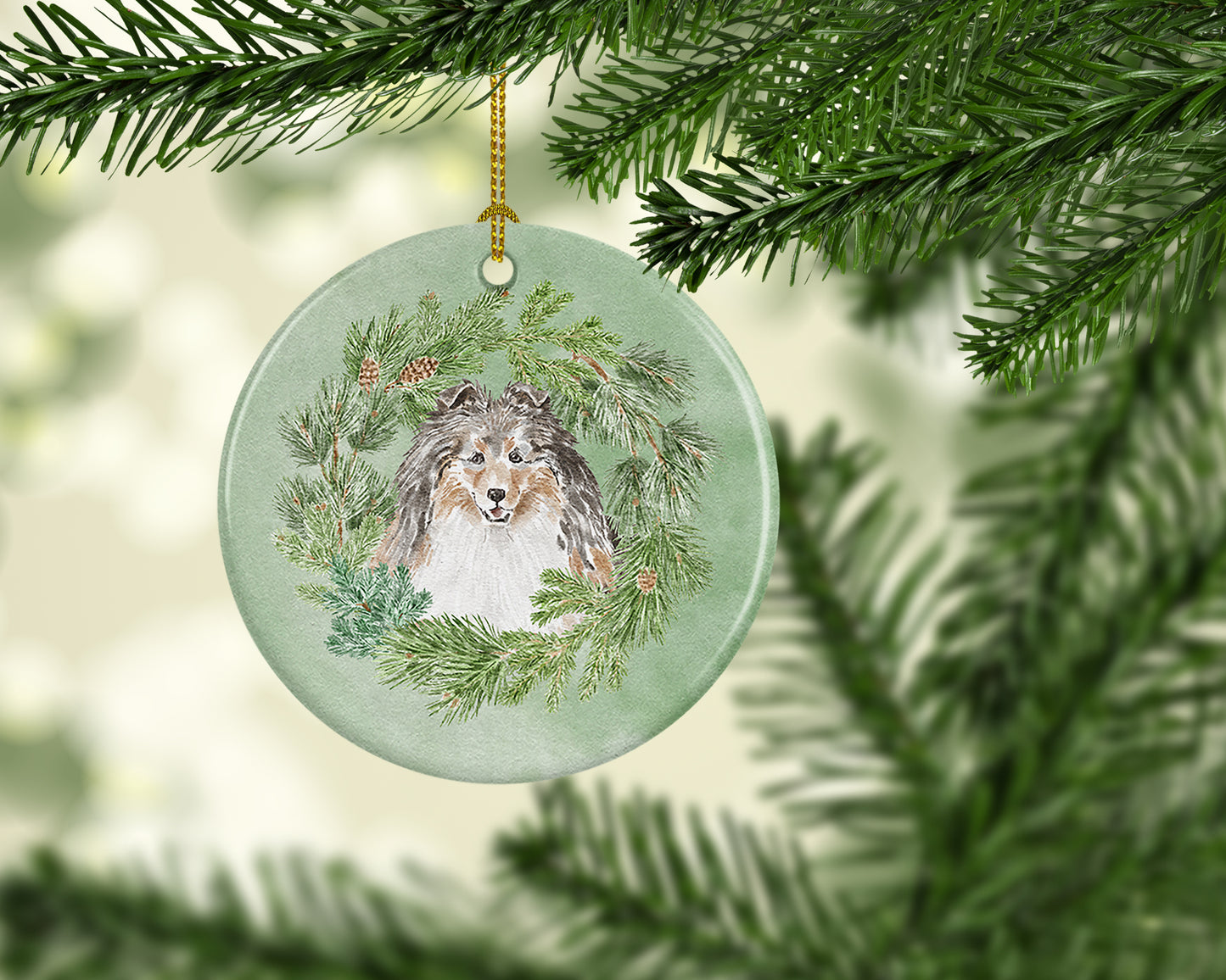 Sheltie/Shetland Sheepdog Tricolor Smiling #1 Christmas Wreath Ceramic Ornament