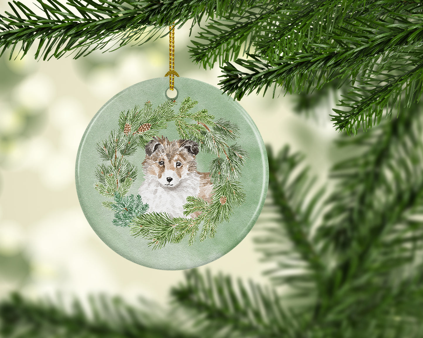 Sheltie/Shetland Sheepdog Puppy Sable Christmas Wreath Ceramic Ornament