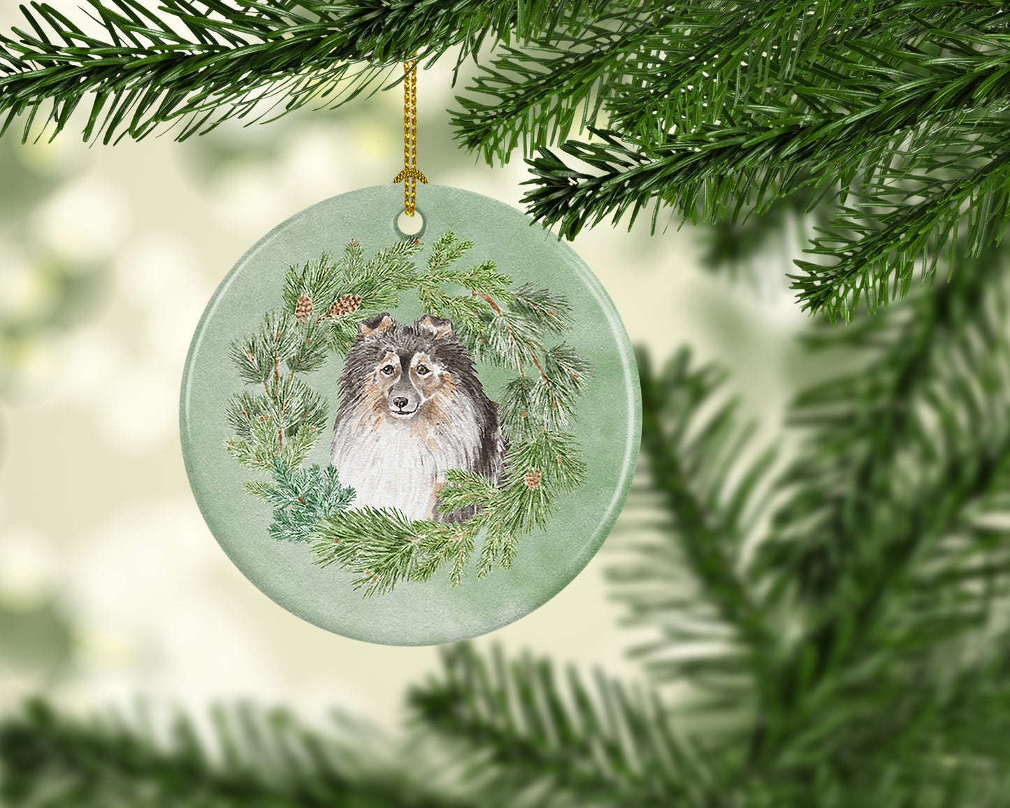 Sheltie/Shetland SheepdogTricolor Smiling #2 Christmas Wreath Ceramic Ornament