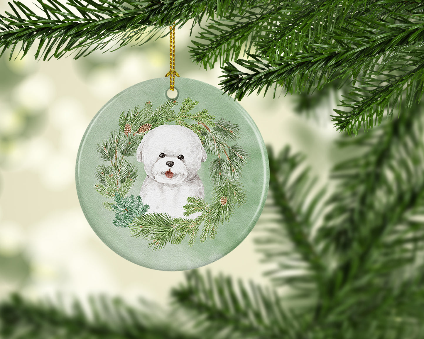 Bichon Frise Smiling Christmas Wreath Ceramic Ornament