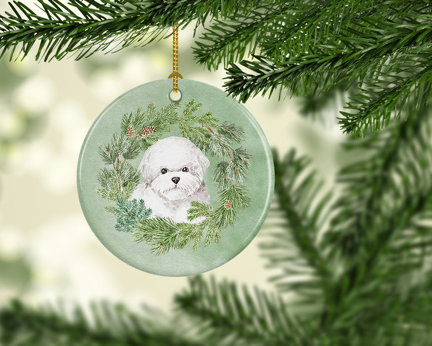 Bichon Frise Christmas Wreath Ceramic Ornament
