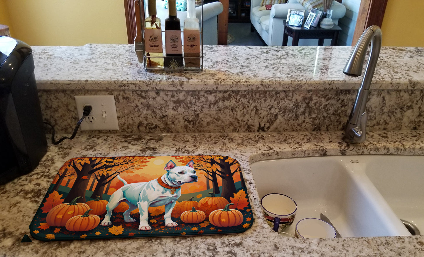 White Pit Bull Terrier Fall Dish Drying Mat