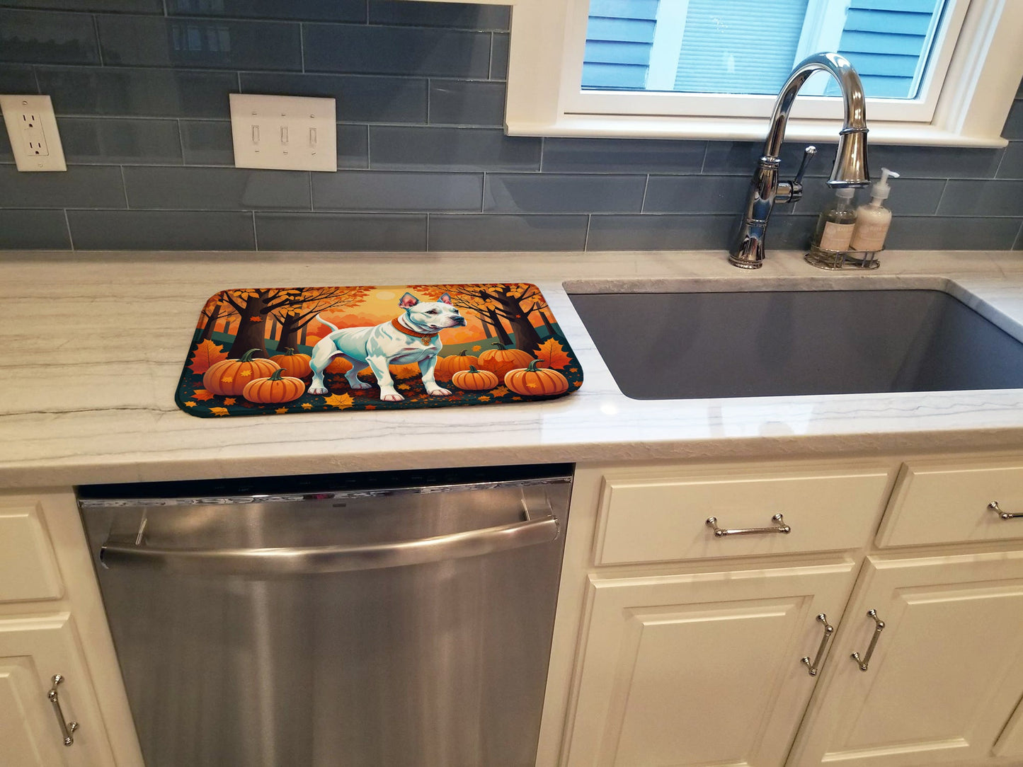 White Pit Bull Terrier Fall Dish Drying Mat