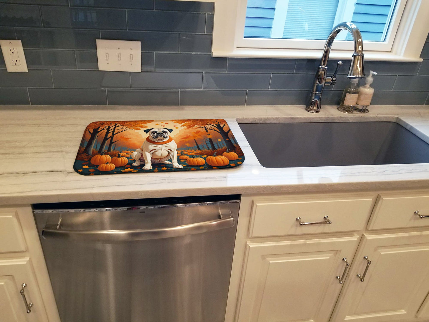 White Boxer Fall Dish Drying Mat