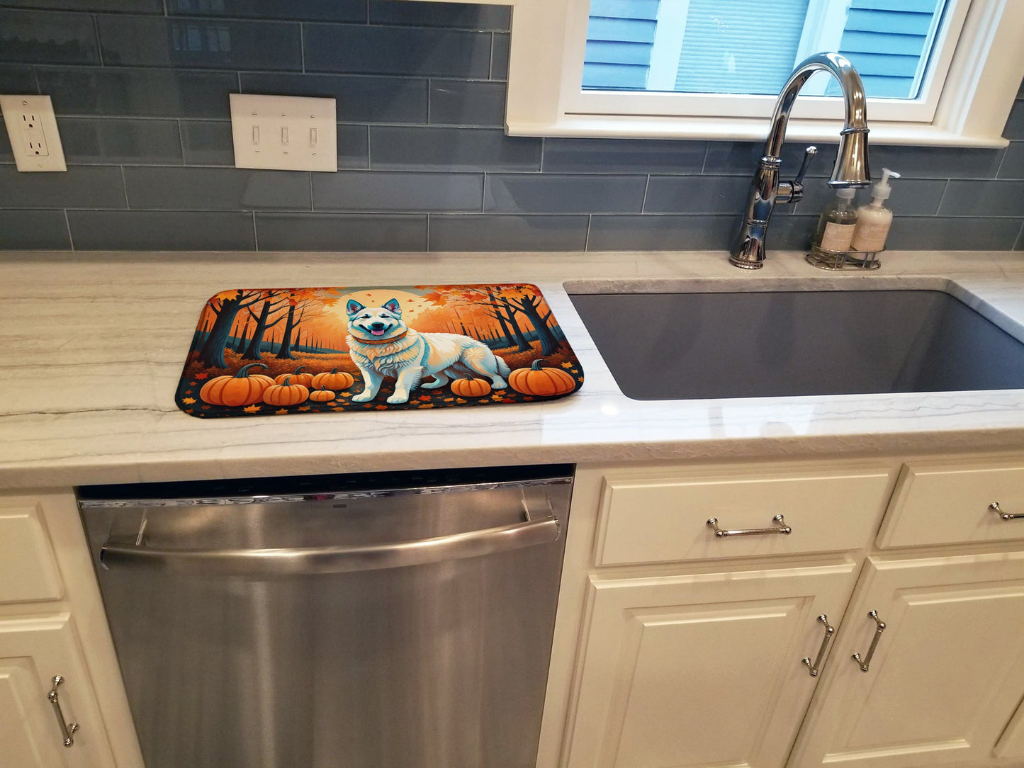 White German Shepherd Fall Dish Drying Mat