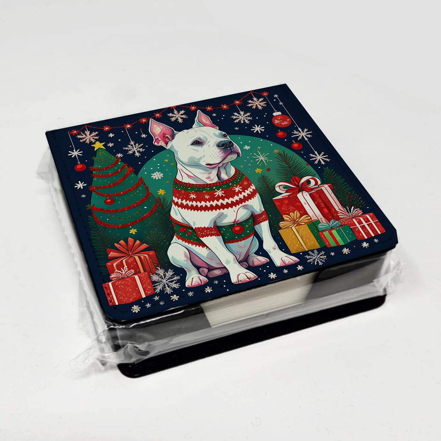 White Pit Bull Terrier Christmas PU Leather Note Paper Holder