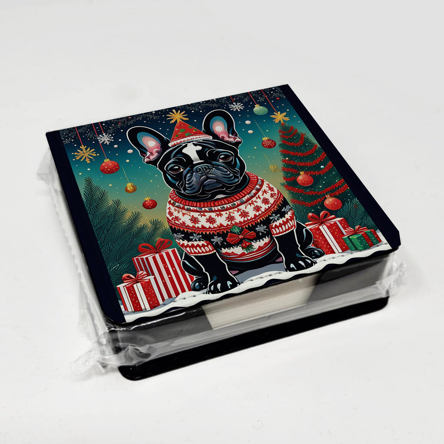 Black French Bulldog Christmas PU Leather Note Paper Holder