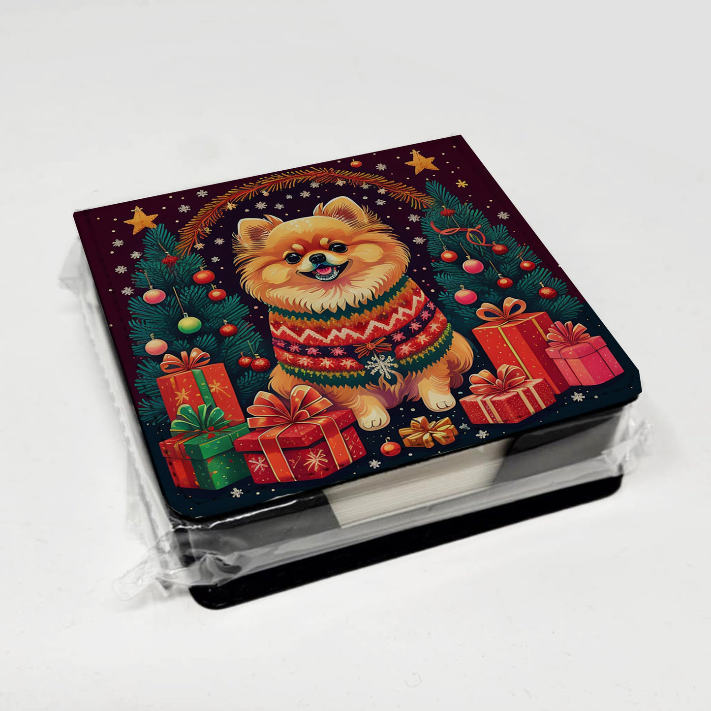 Pomeranian Christmas PU Leather Note Paper Holder