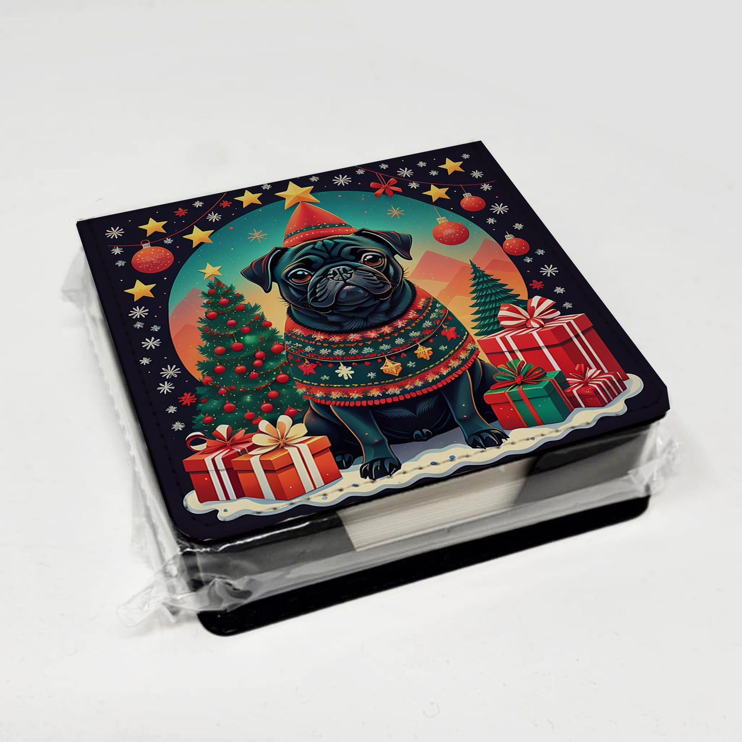 Black Pug Christmas PU Leather Note Paper Holder