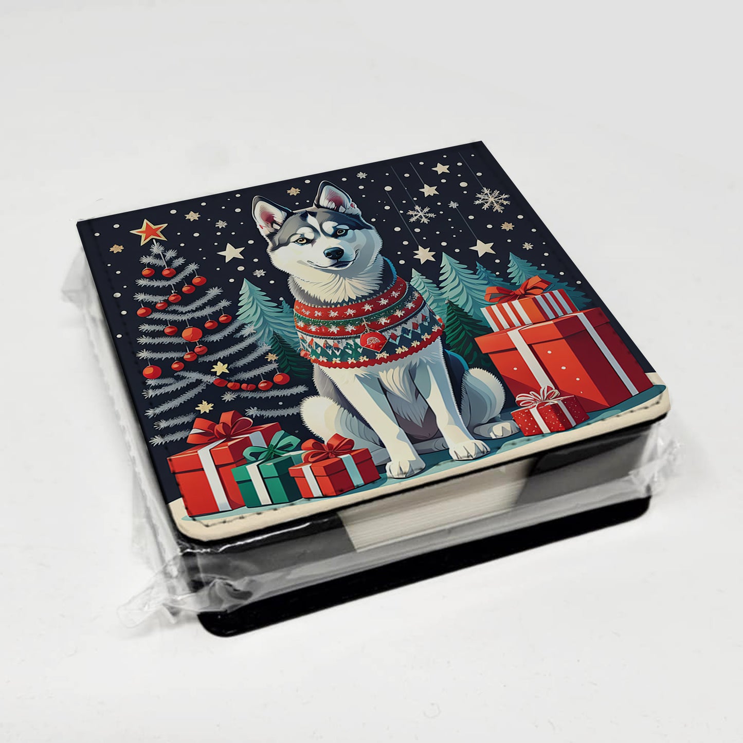 Siberian Husky Christmas PU Leather Note Paper Holder