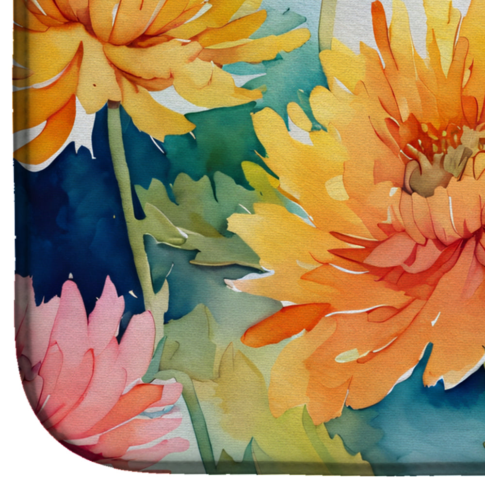 Chrysanthemums in Watercolor Dish Drying Mat