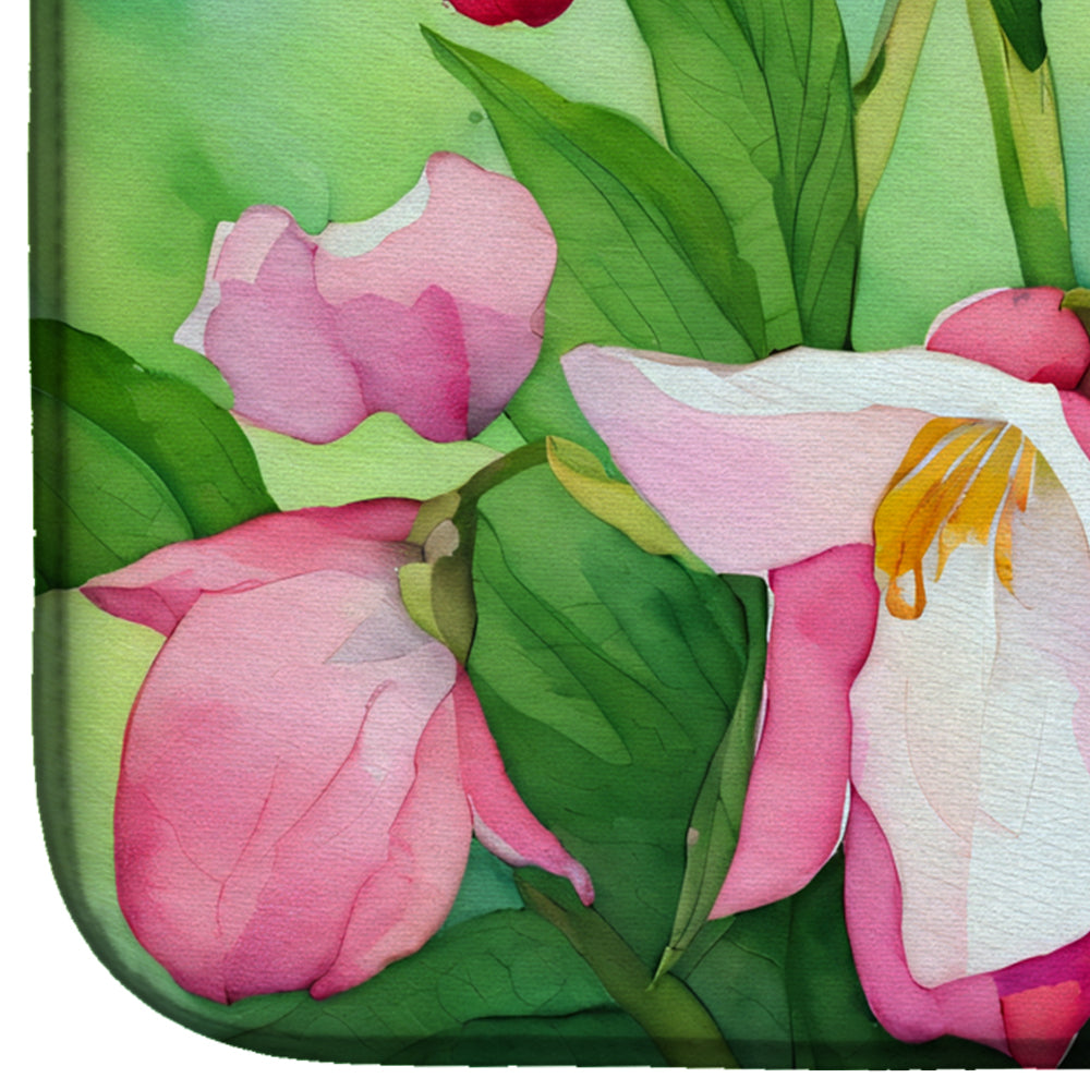 Minnesota Pink and White Lady s Slippers in Watercolor Dish Drying Mat