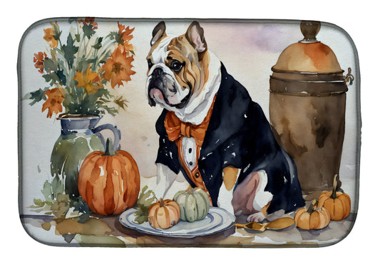 Buy this English Bulldog Fall Kitchen Pumpkins Dish Drying Mat
