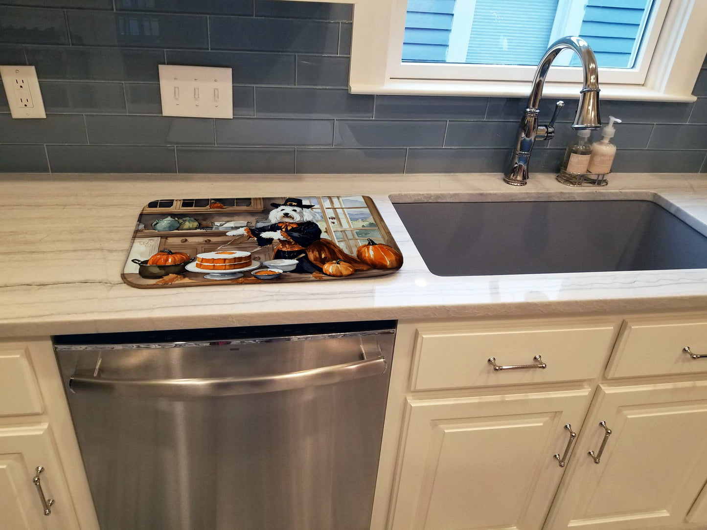 Coton De Tulear Fall Kitchen Pumpkins Dish Drying Mat