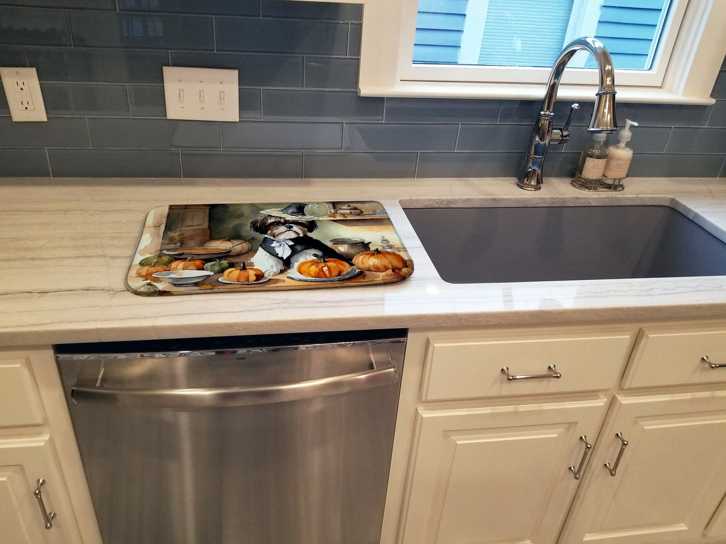 Shih Tzu Fall Kitchen Pumpkins Dish Drying Mat