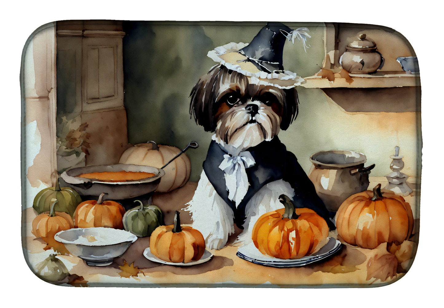 Buy this Shih Tzu Fall Kitchen Pumpkins Dish Drying Mat