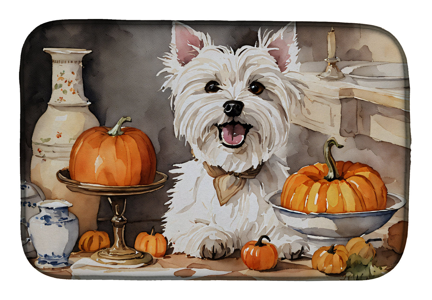 Buy this Westie Fall Kitchen Pumpkins Dish Drying Mat