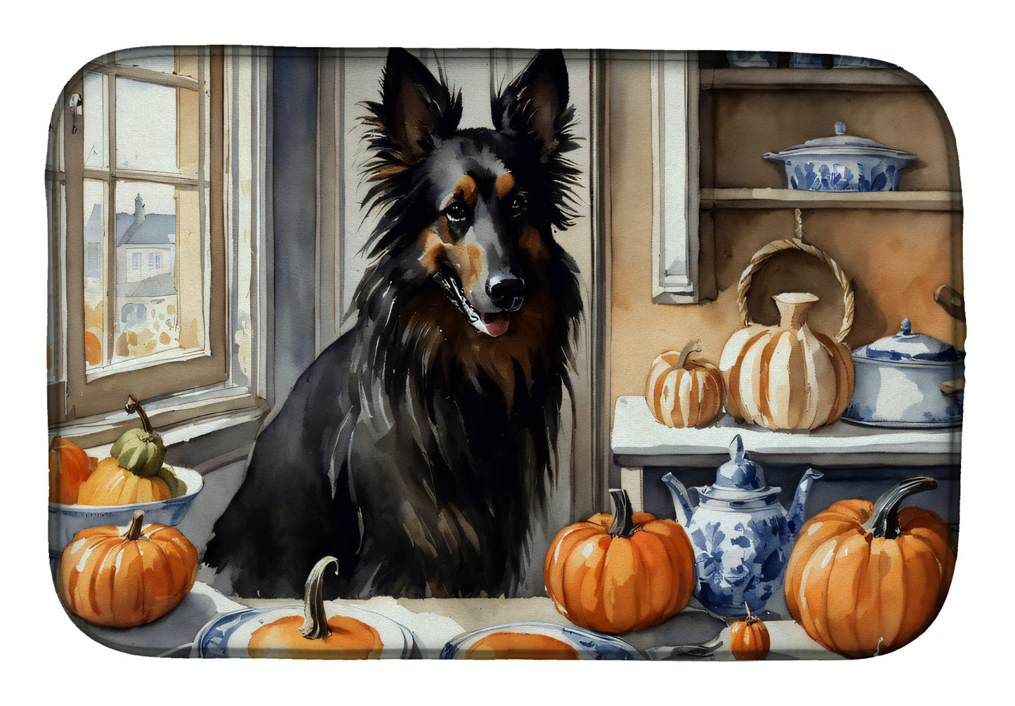 Buy this Belgian Sheepdog Fall Kitchen Pumpkins Dish Drying Mat
