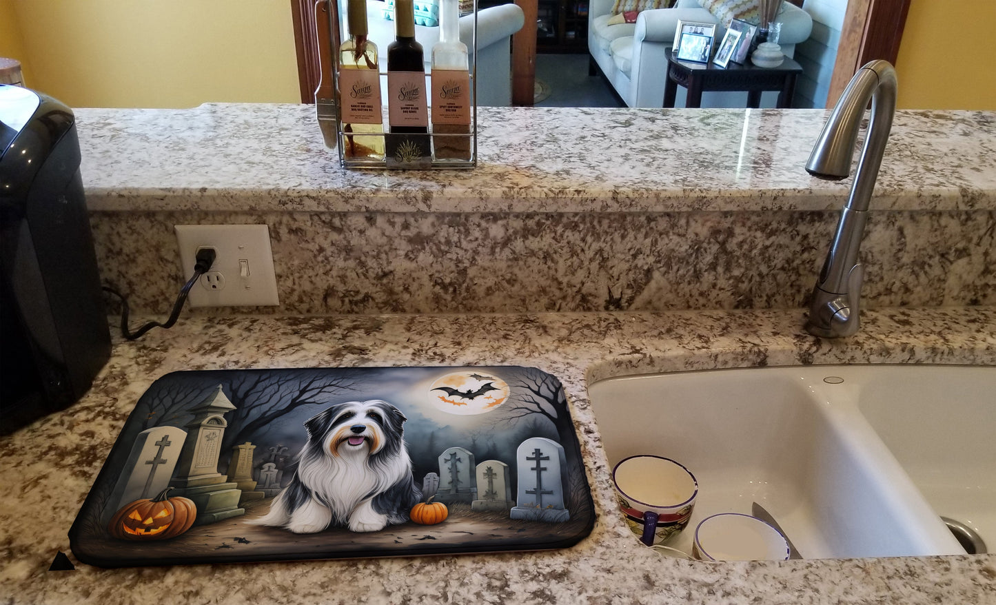 Bearded Collie Spooky Halloween Dish Drying Mat