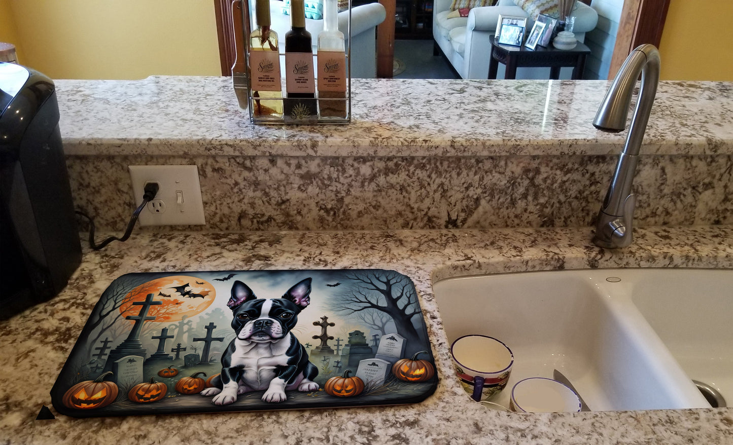 Boston Terrier Spooky Halloween Dish Drying Mat