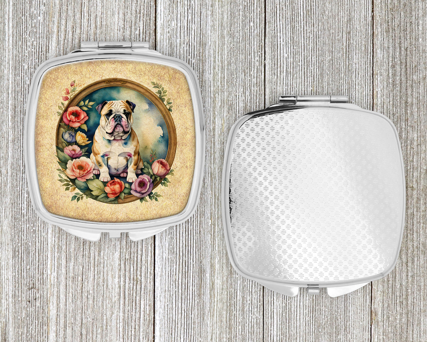 English Bulldog and Flowers Compact Mirror